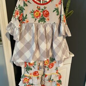 Floral Gingham Ruffle-Sleeve Top - Gray